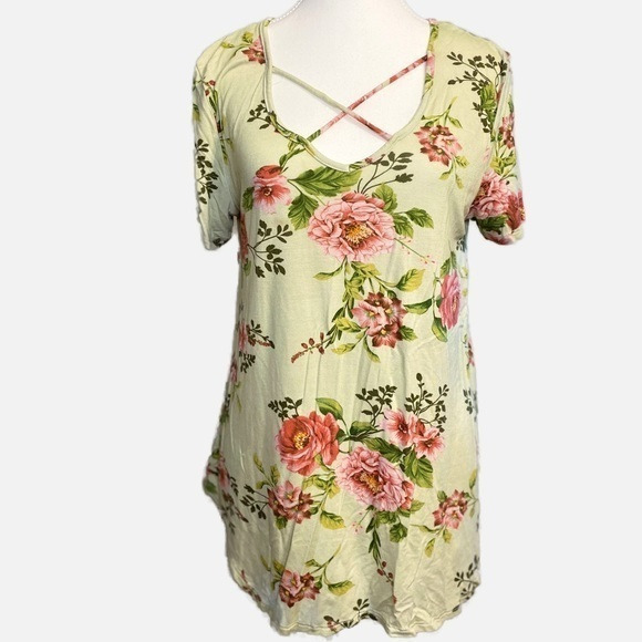 Lime & Chilli Tops - Lime & Chilli Green Floral Short Sleeve Top with Criss Cross‎ Neckline
